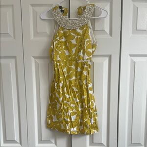 Yellow Floral Pearl high neck Dress